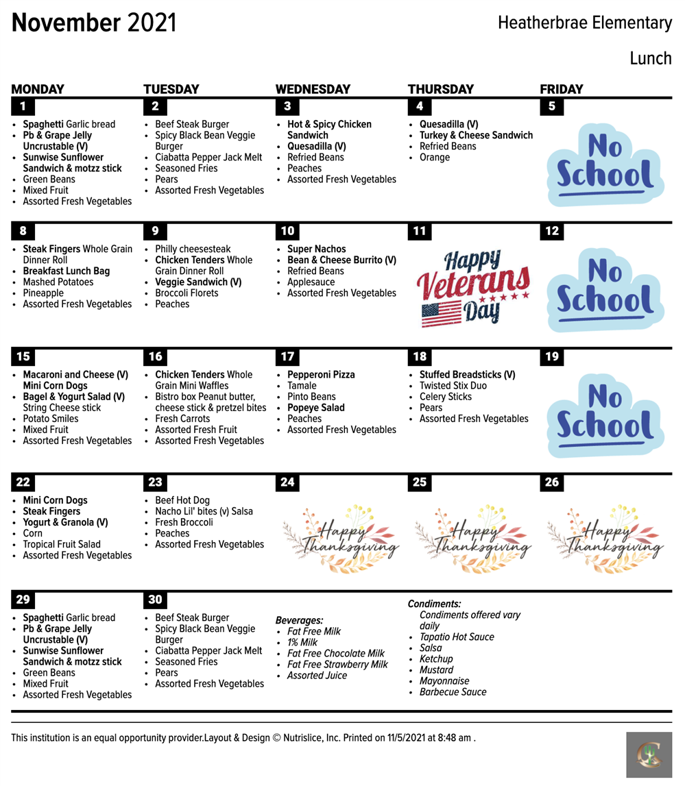 Heatherbrae November Lunch Calendar English